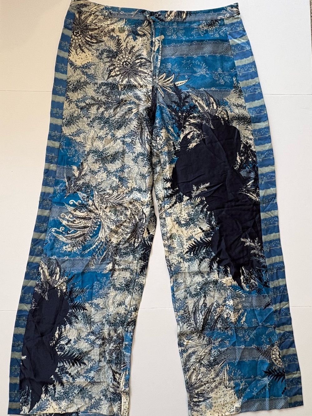 Elie Tahari Blue & Cream Patterned Silk Palazzo Pants XL